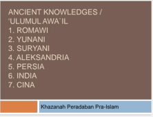 Tulisan "Ancient Knowledges / Alumul Awa'il: Romawi, Yunani, Suryami, Aleksandria, Persia, India, Cina"