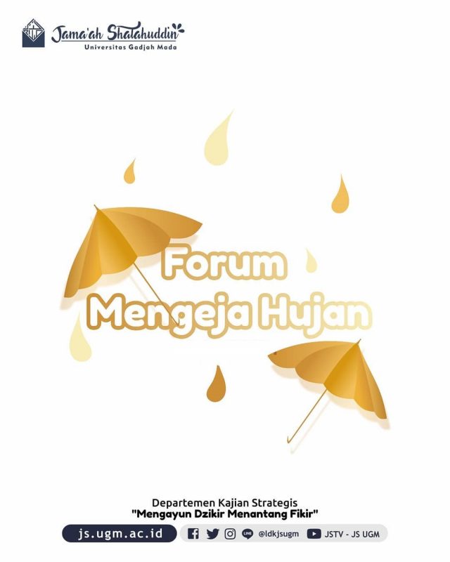 Tulisan "Forum Mengeja Hujan" yang dihiasi gambar 2 payung dan rintik-rintik hujan